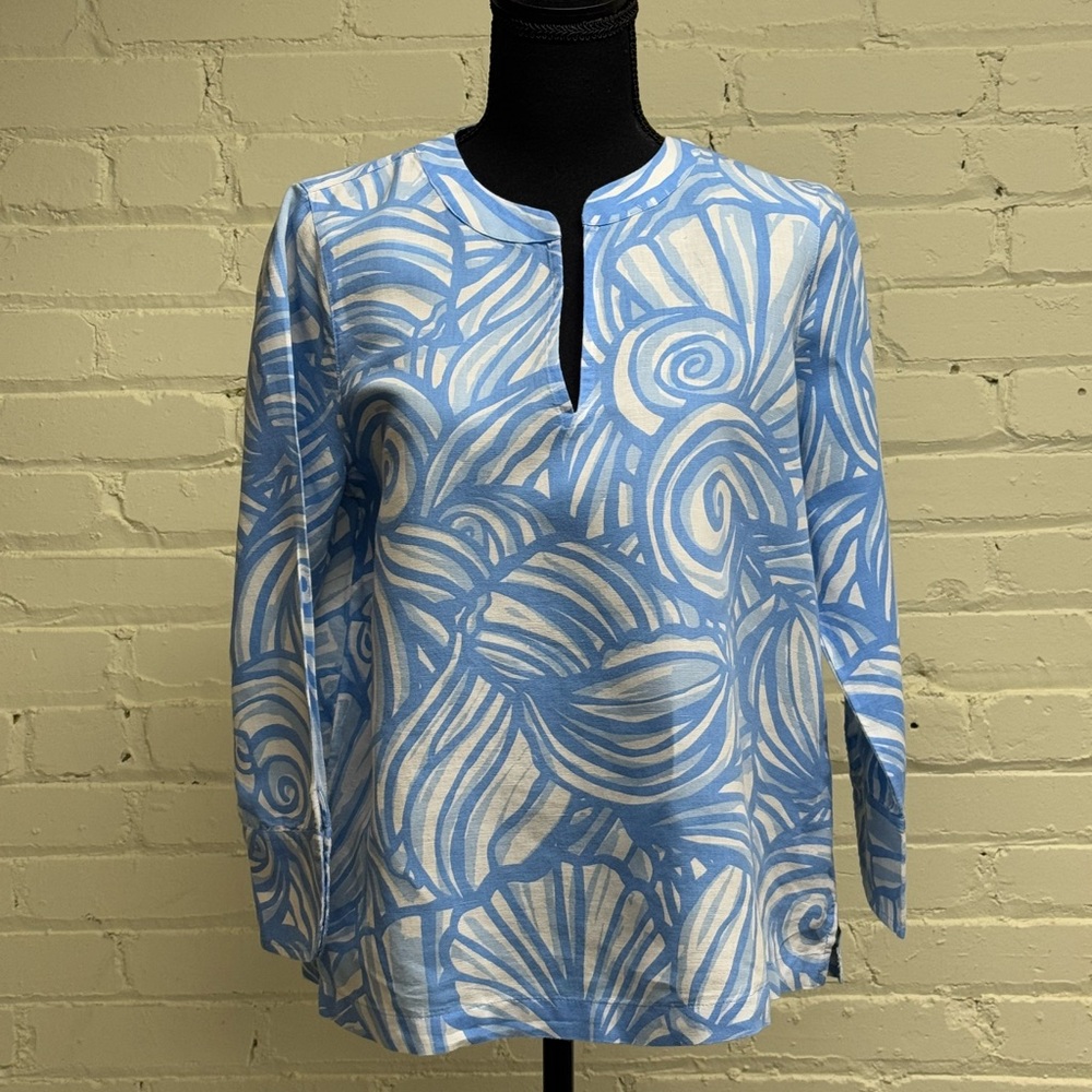 Vineyard Vines, Blue & White Nautilus Print Long Sleeve Linen/Cotton Top,Size XS